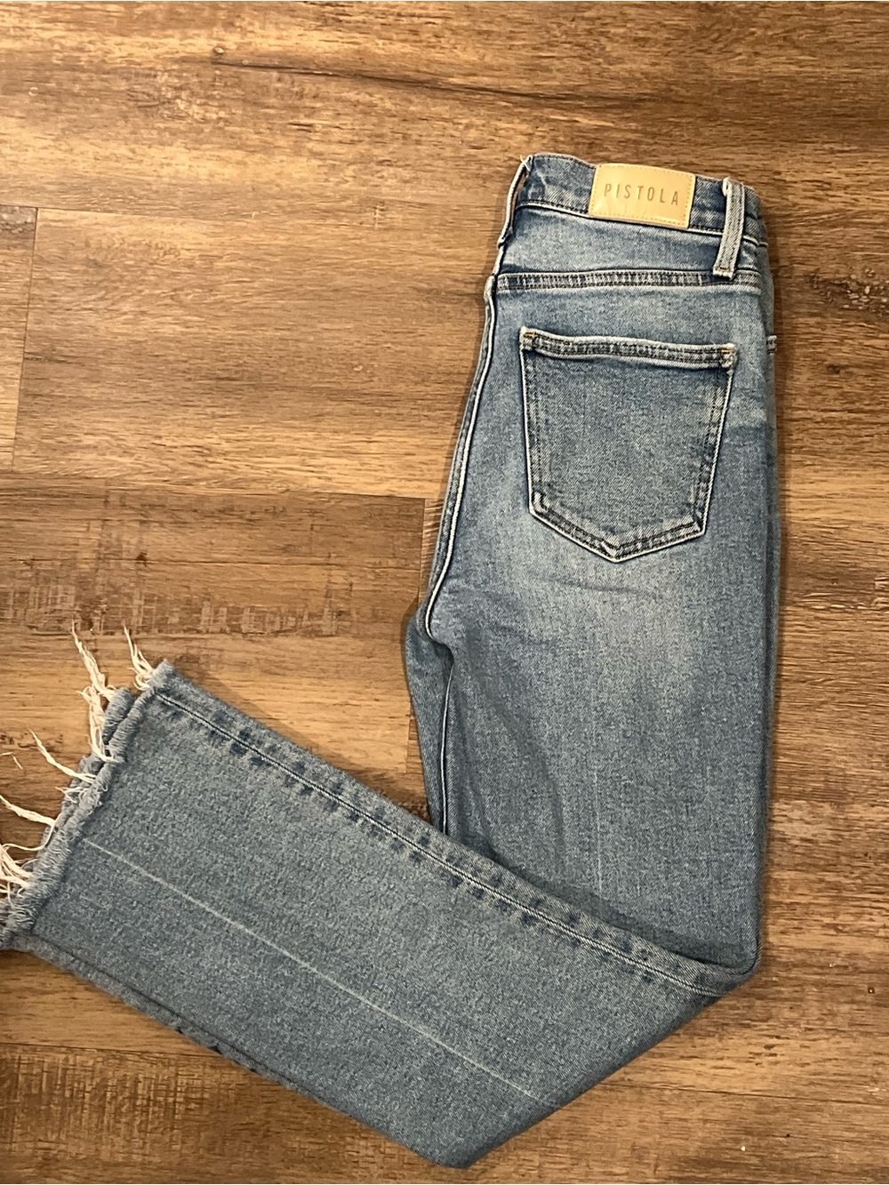 Pistola Cropped Frayed Hem Mid Wash Straight Jeans - Blue